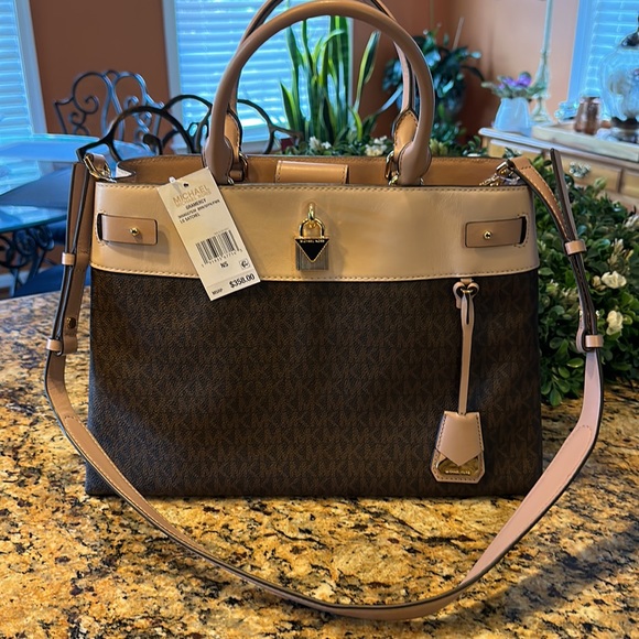 Michael Kors ❤️ Gramercy Large Satchel Handbag - Brown/soft pink/fawn NWT - Picture 3 of 12